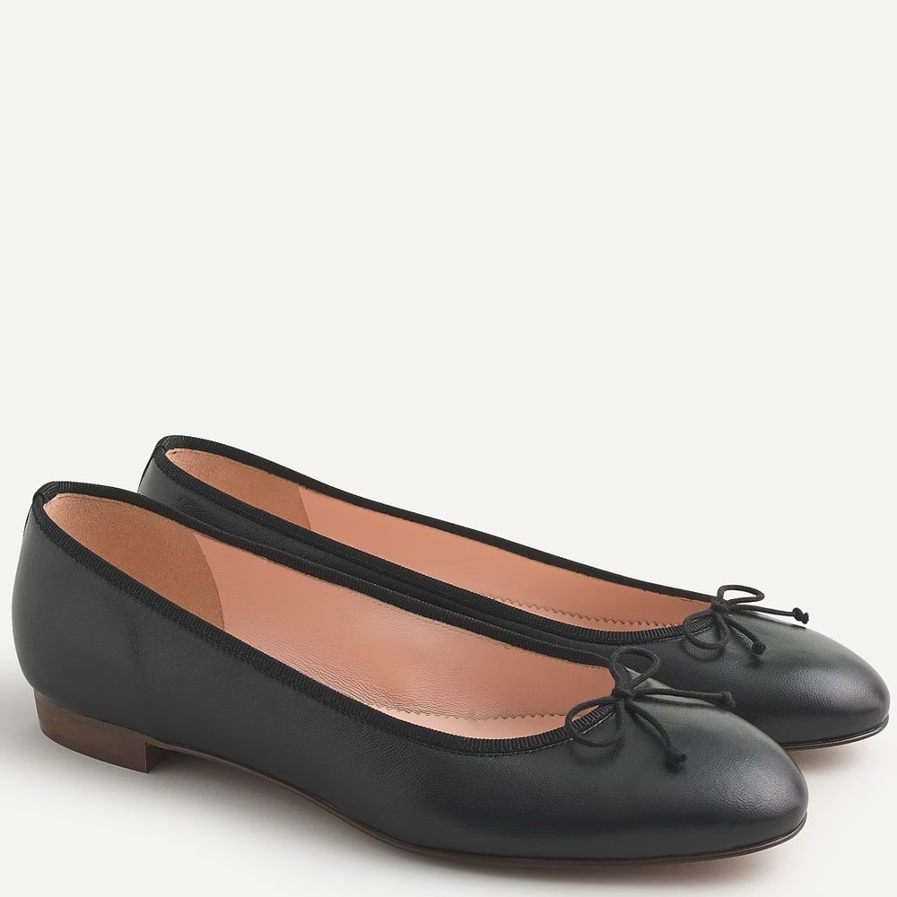 J. Crew Kiki Black Leather Ballet Flats with Bow